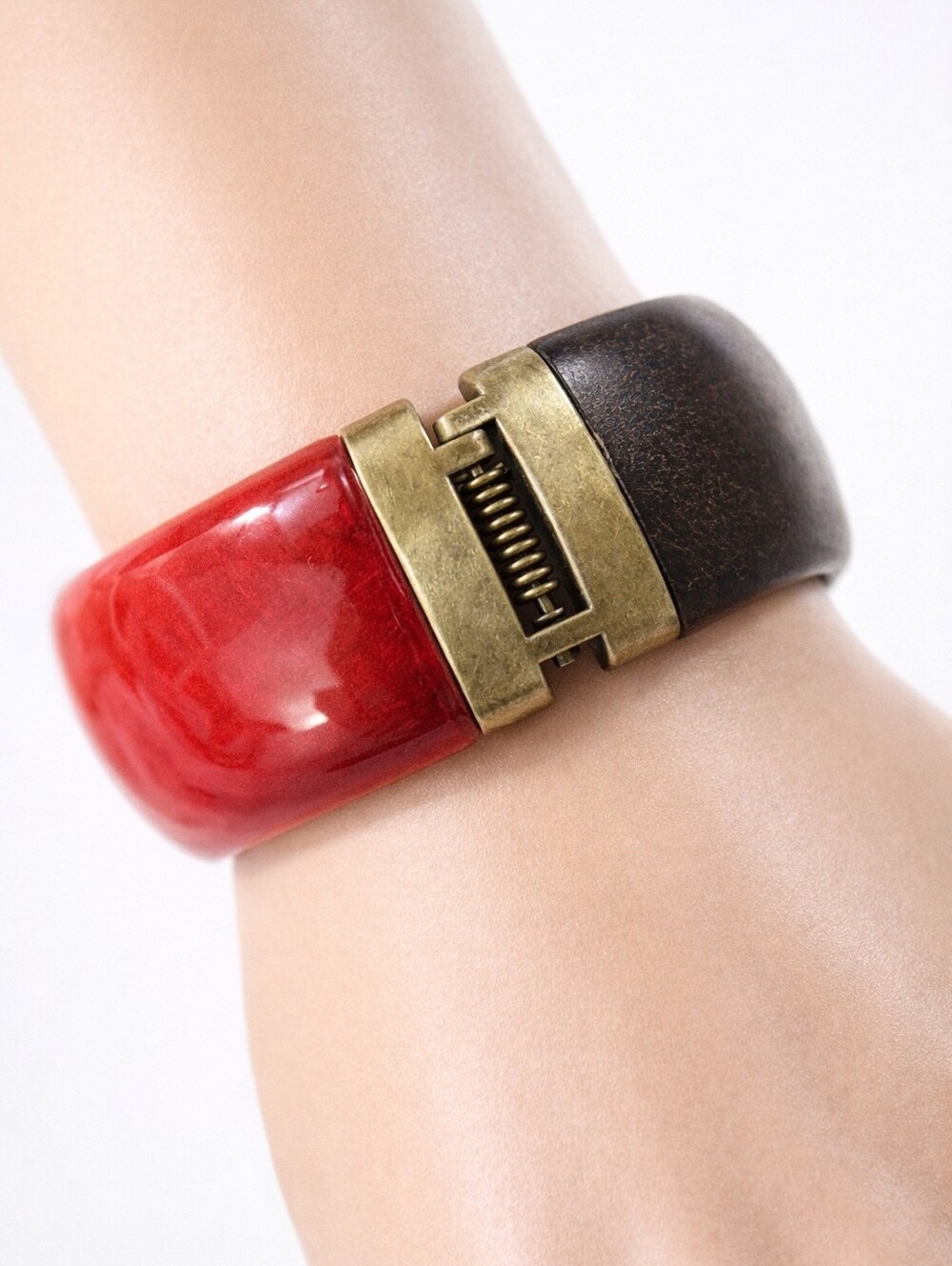 Two-Tone Red Brown Cuff Bangle Bracelet with Gold Accents Statement Jewelry